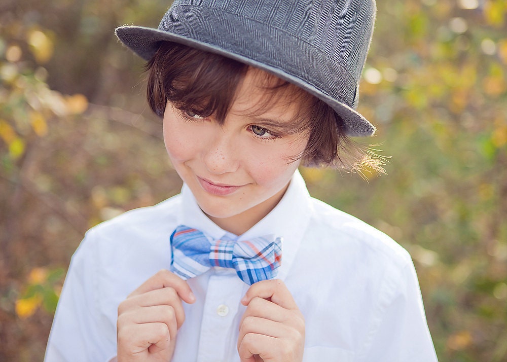 The Beau- blue and orange preppy plaid double stacked bow tie for boys and men of all ages