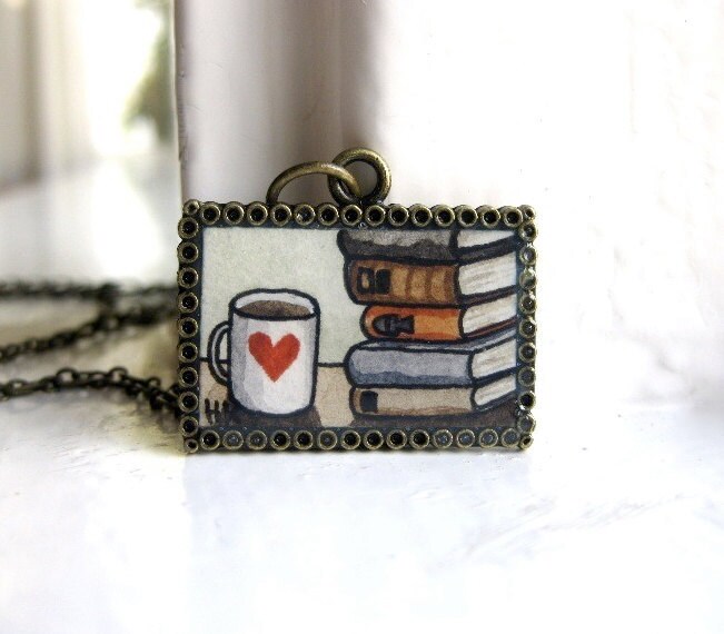 Hand Painted Necklace - Books and Coffee Original Watercolor Hand Painted Pendant Necklace, Book Necklace, Valentines Day Gift