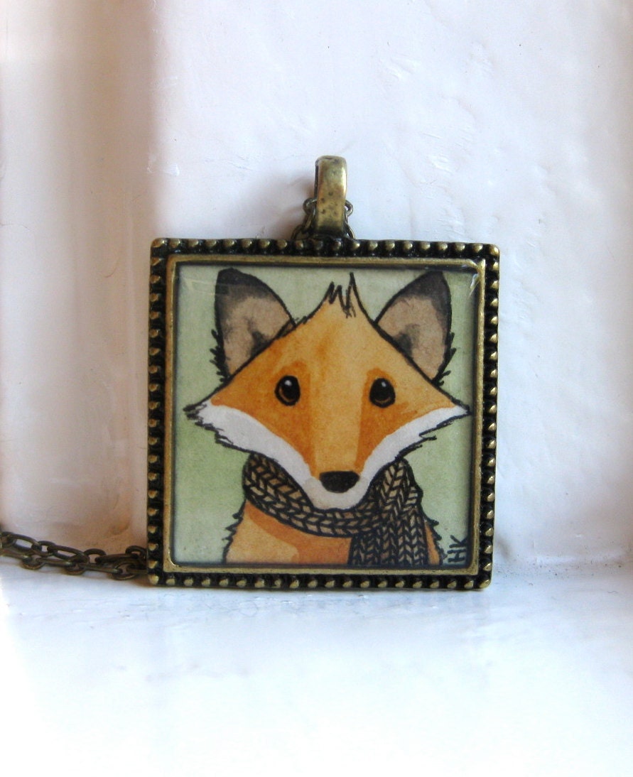 Mr. Fox Wears His New Houndstooth Scarf - Original Hand Painted Necklace, Fox Pendant