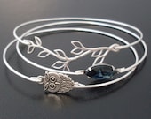 Midnight Owl Bangle Bracelet Set, Silver, Blue, Unique Jewelry, Owl Jewelry, Woodland Owl, Unique Bracelet Stack, Nature Jewelry, Bangle Set