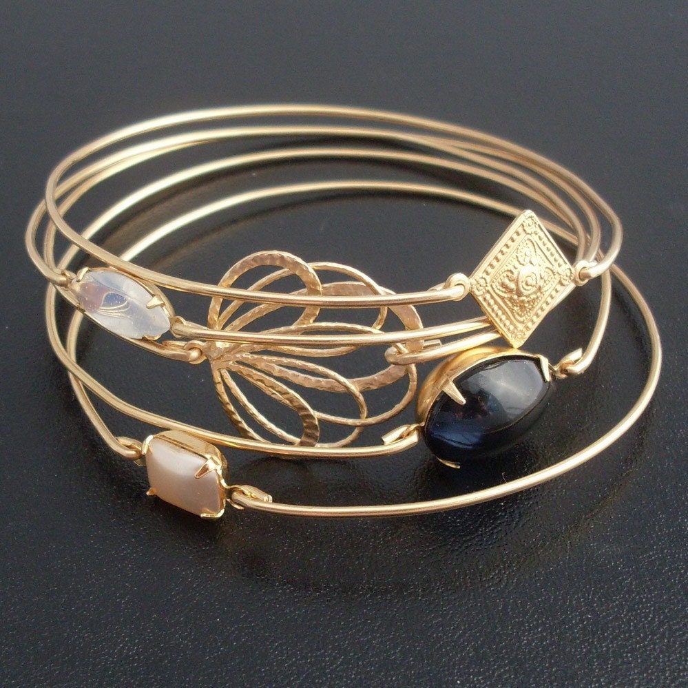 Twilight Stacking Bangle Bracelet Set, Gold, Black, Gray, Pearl, Twilight Bracelet Set, Gold Bracelet Set, Gold Bangle Set, Twilight Jewelry