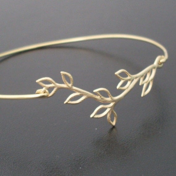 Olive Branch Bangle Bracelet, Gold Charm Bracelet, Olive Branch Bracelet, Gold Jewelry, Gold Bangle Bracelet, Vine, Olive Branch Jewelry