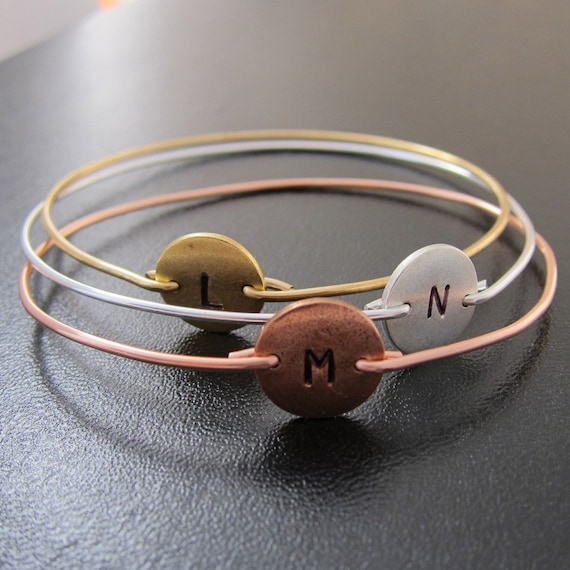 Hand Stamped Tricolor Personalized 3 Initial Monogram Bangle Bracelet Set, Gold, Silver, Copper, Tricolor Jewelry, Tricolor Bracelet Trio