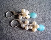 Blue jade and freshwater pearl sterling silver earrings - starrydreams