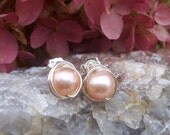 Peach freshwater pearl wire wrapped post earrings wedding jewelry bridal jewelry