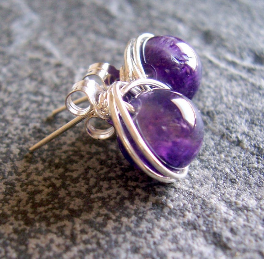Amethyst and sterling silver stud earrings, post earrings
