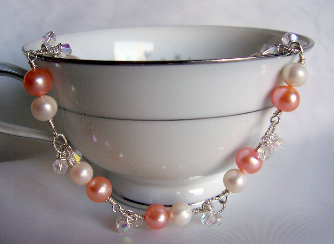 Freshwater pearl and crystal bracelet, sterling silver, wedding jewelry, bridal jewelry