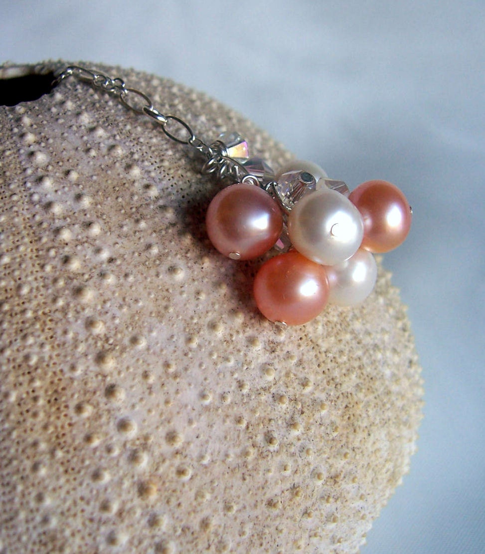 Freshwater peach pearl and crystal necklace, sterling silver, wedding jewelry, bridal jewelry