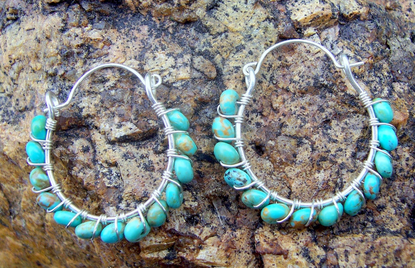 Turquoise and sterling silver wire wrapped hoop earrings