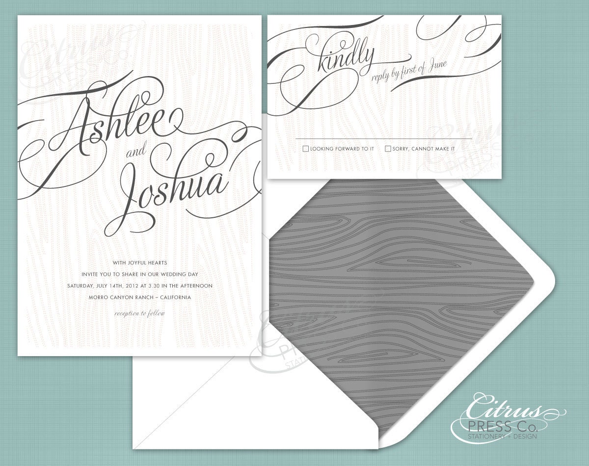 Faux Bois Wood Grain Flourish Wedding Invite available as DIY Printable PDF