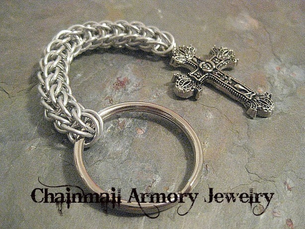 Keychain - Persian Chainmail Weave - Silver - Cross
