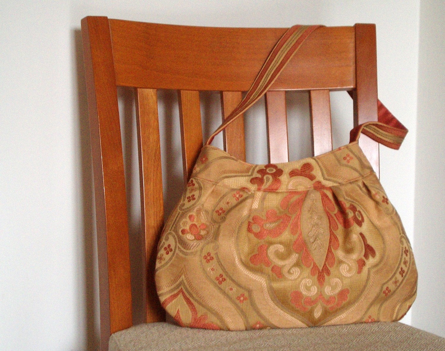 NEW Damask shoulder bag in salmon gold and beige made with recycled upholstery fabric