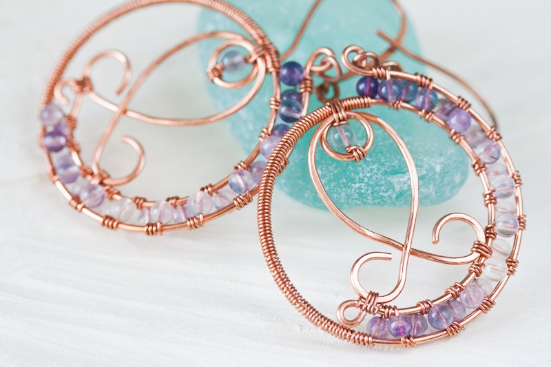 Light Purple Fluorite Earrings, Wire Wrapped Beaded Copper Hoop Earrings with Purple Fluorite Gemstone Beads - Copper Wirework Fish ornament