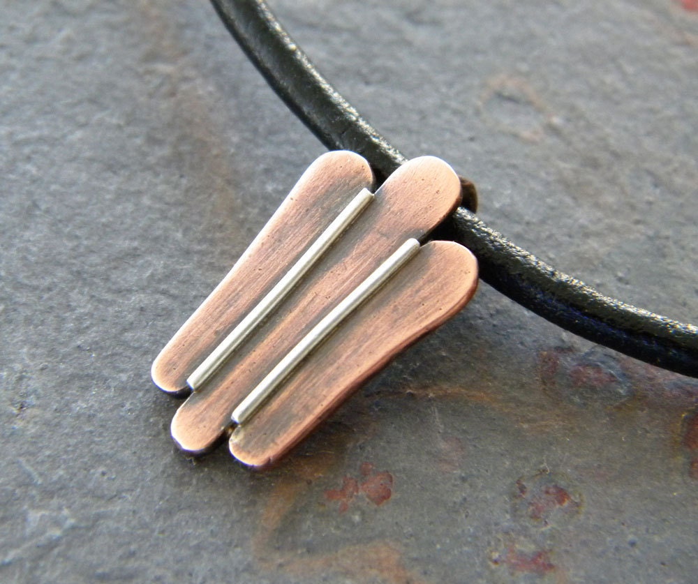 Copper Shield Men's Necklace Sterling Silver Accent Black Leather Cord