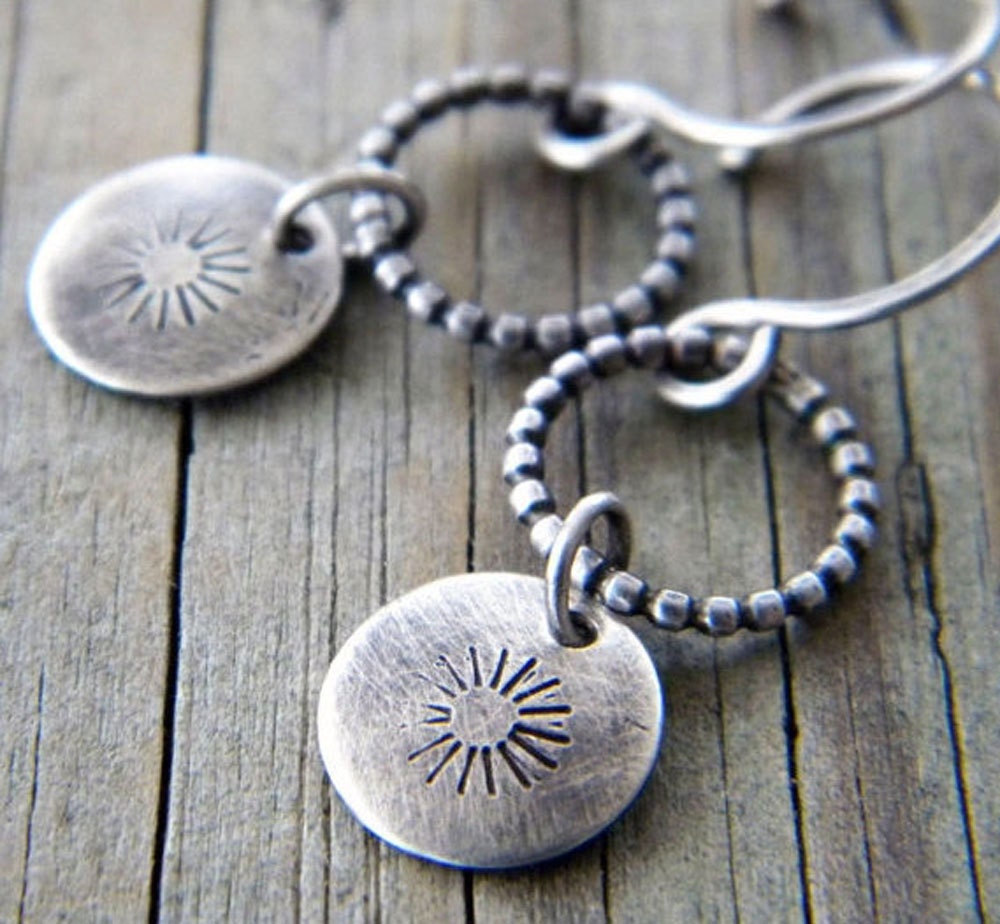Custom Stamped Sterling Silver Disk Earrings Oxidized Fused Beaded Wire Ring - Handmade to Order