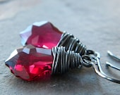 Ruby Red Sarovski  Sterling Silver Earrings Oxidized Crystal Baroque Teardrop