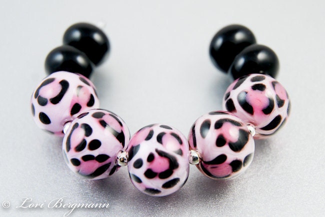 Pink Leopard Lampwork Glass Beads, Animal Print, Black Spacers, Jewelry Supplies, Handmade SRA