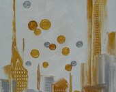 Abstract gold silver metallic oil painting city landscape original art Urban Polish 11x14 inch by Judith Rhue - jujuru