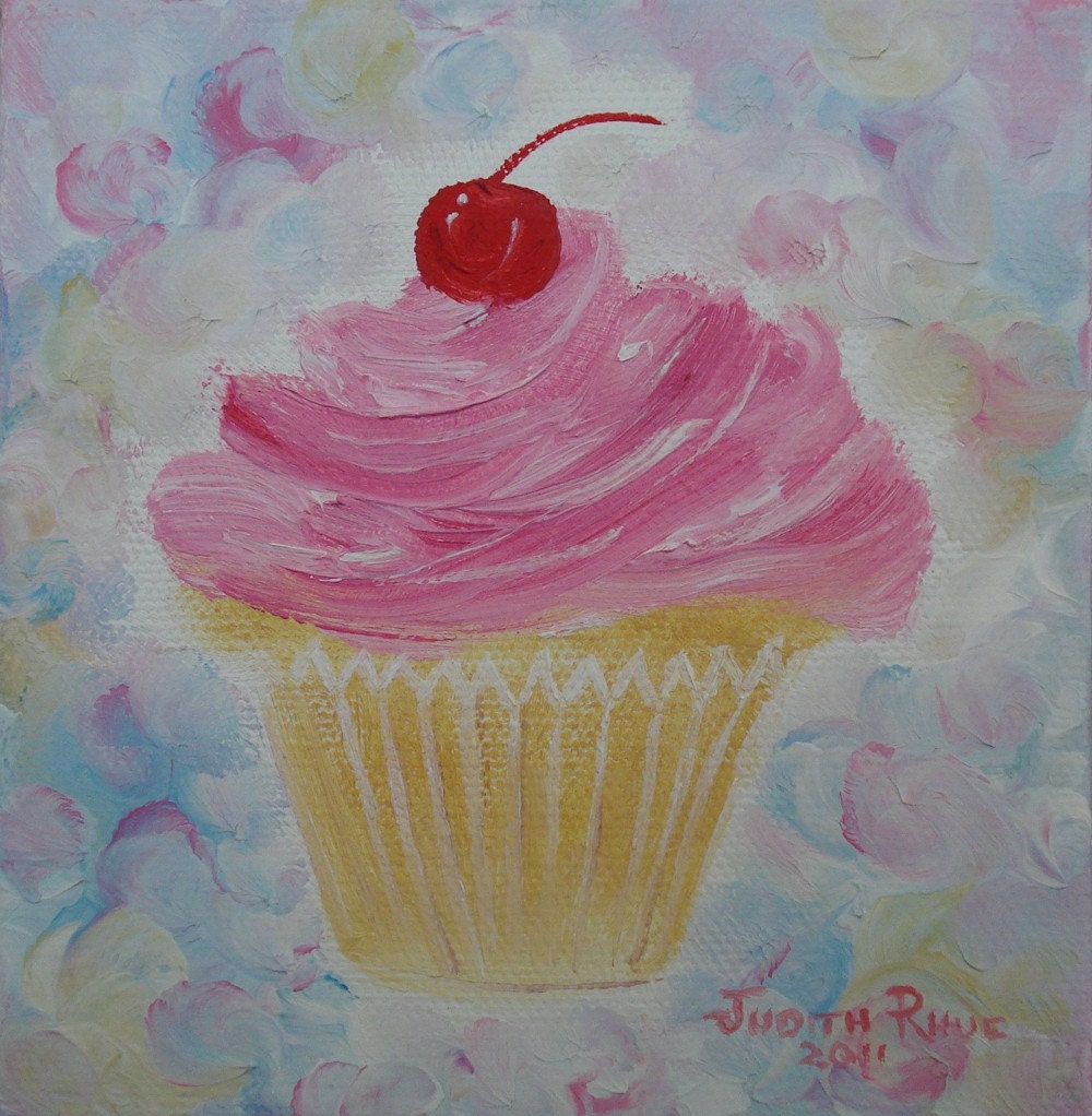 Oil painting original cupcake art Cherry Babycakes 5x5 inch by Judith Rhue