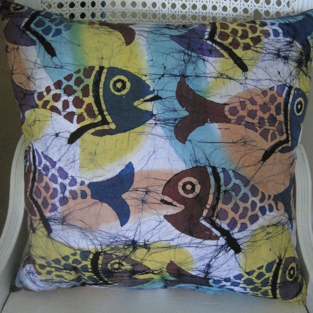 Beachy Batik Fish Pillow Handmade Coastal Decor