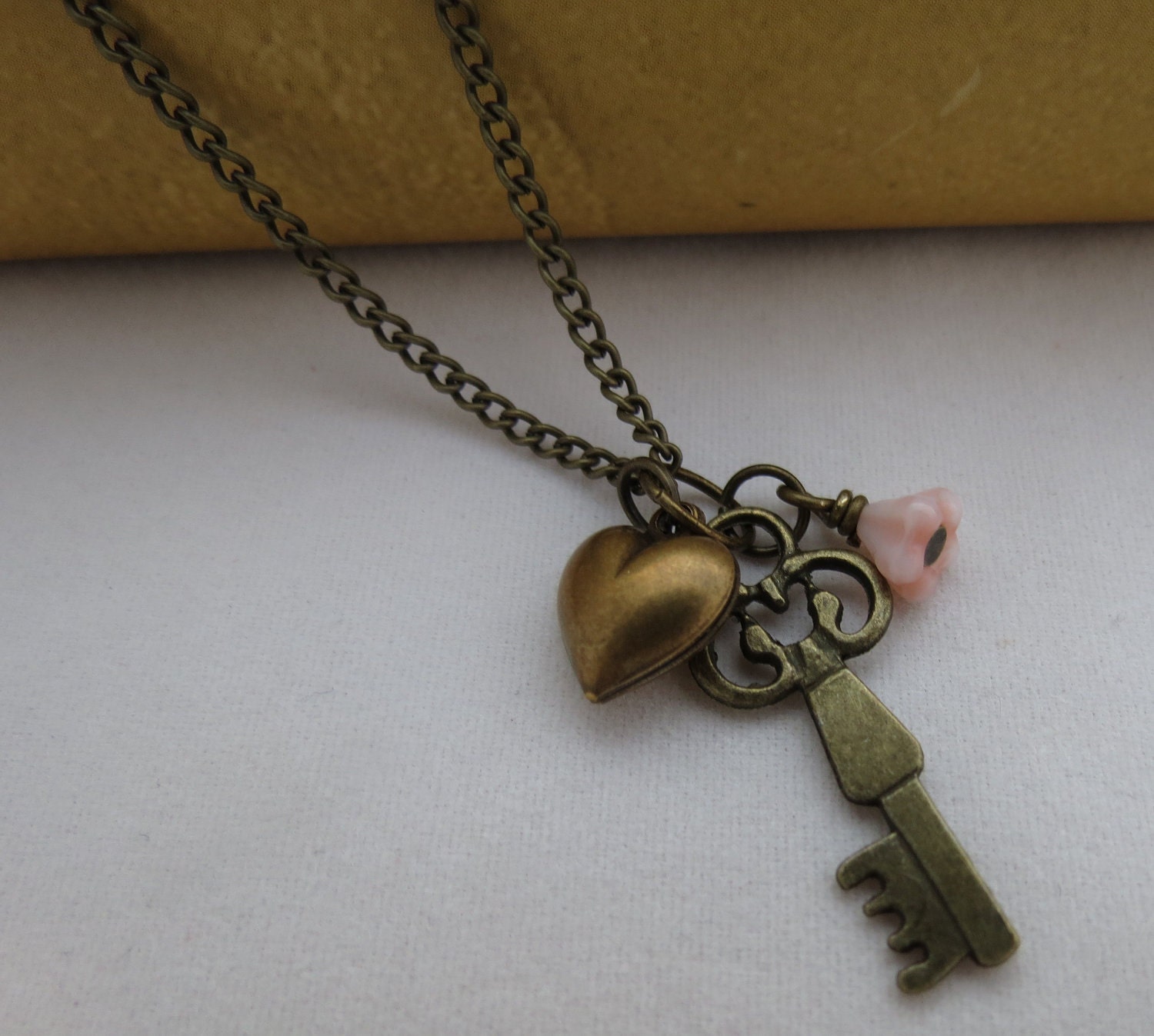Key Necklace -  Pink Flower Brass Heart Antiqued Brass, Handmade - BiddysBeads