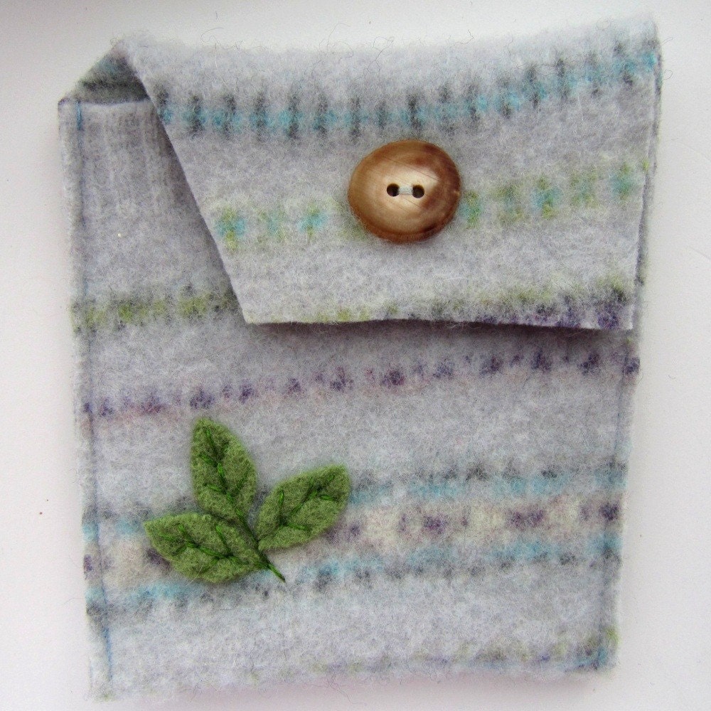 Recycled Sweater Coin Purse, Pouch- Stripes and Leaves