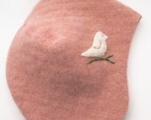 Recycled Sweater Hat, Cashmere and Wool- Pink Bird, size 6 to 12 months - SesameSeedDesigns