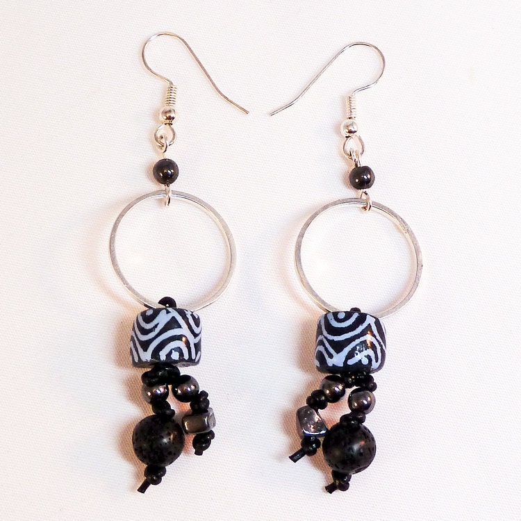 Black Glass Earrings - Black and White Recycled Glass, Bohemian, Silver Rings, Dangle Earring