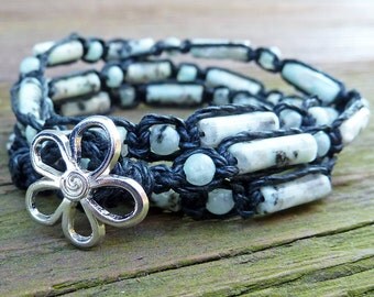 Teal Bracelet Hemp Wrap Bracelet Teal Glass by ElectricPenguin