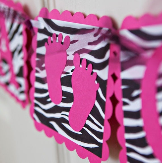 BABY SHOWER - Hot Pink & Zebra Banner with Footprints