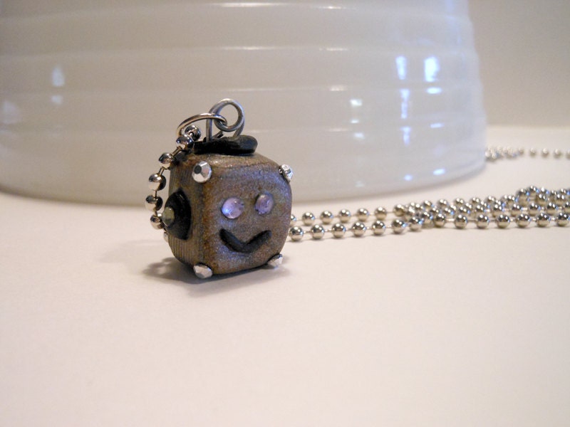 Sweet Purple eyed Jeweled Robot Head Necklace Steampunk Jewelry