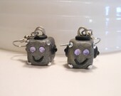 Sweet Purple eyed Jeweled Robot Head Earrings Steampunk Jewelry