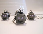 Sweet Purple eyed Jeweled Robot Head Earrings and Necklace set. Steampunk Jewelry