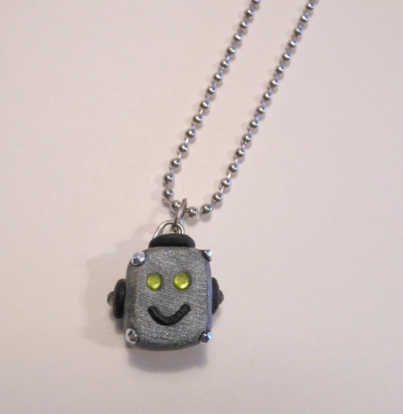 Sweet Green eyed Jeweled Robot Head Necklace Steampunk Jewelry