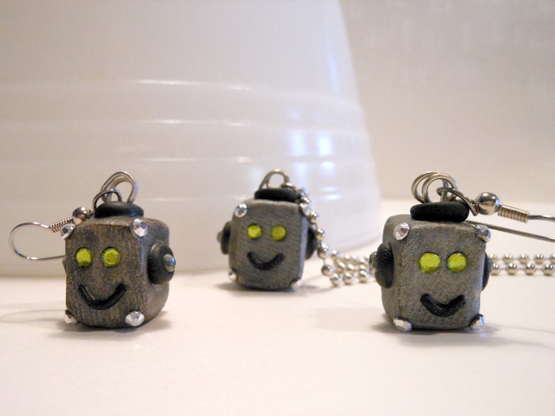 Sweet Green eyed Jeweled Robot Head Earrings and Necklace set. Steampunk Jewelry