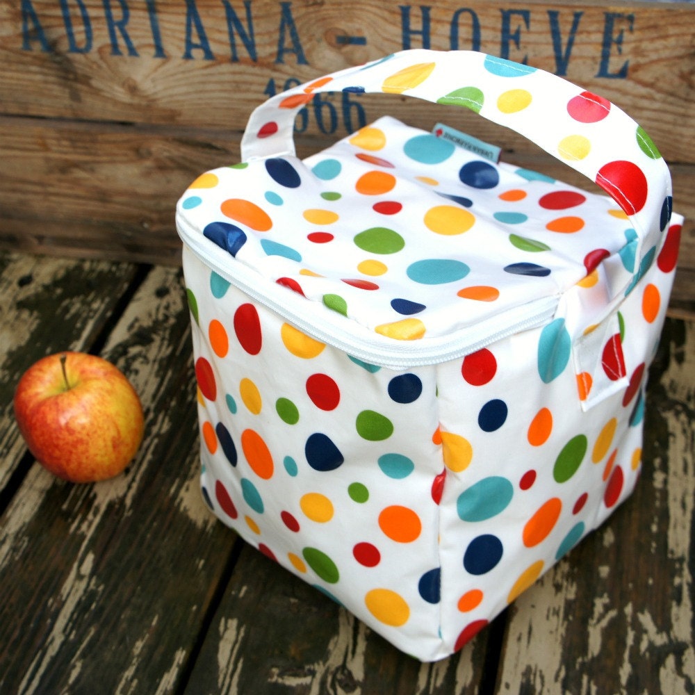 INSULATED Big Bento Box Lunch Bag in RAINBOW Polka Dot with zipper