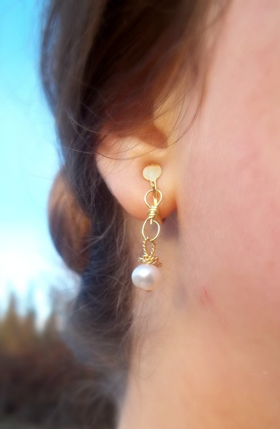 Clip-On Short Handmade Gold Wire Chain Pearl Dangle Earrings (made to order)