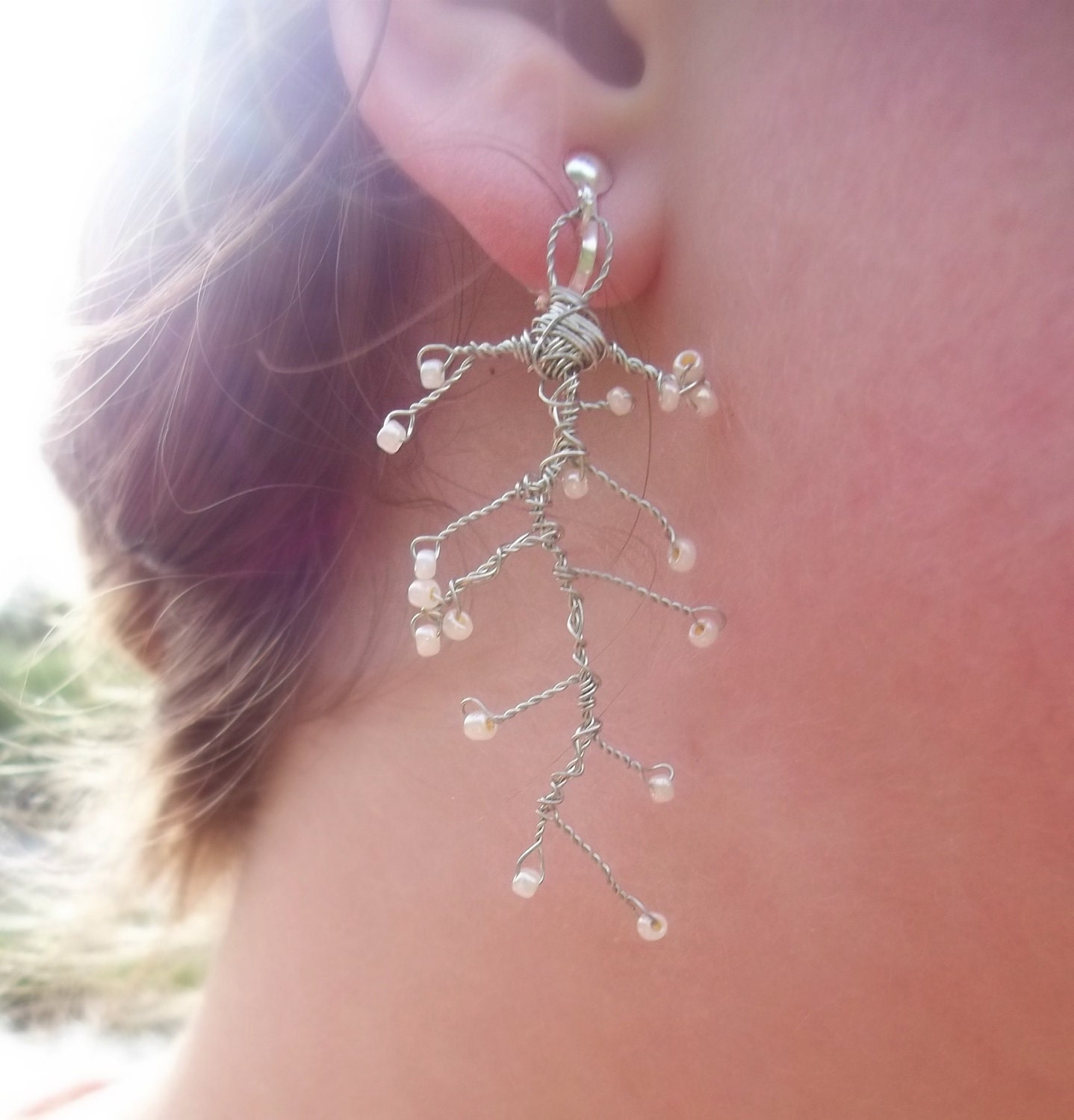 Clearance Sale-Handmade Ivory and Silver Wirework Branch Earrings