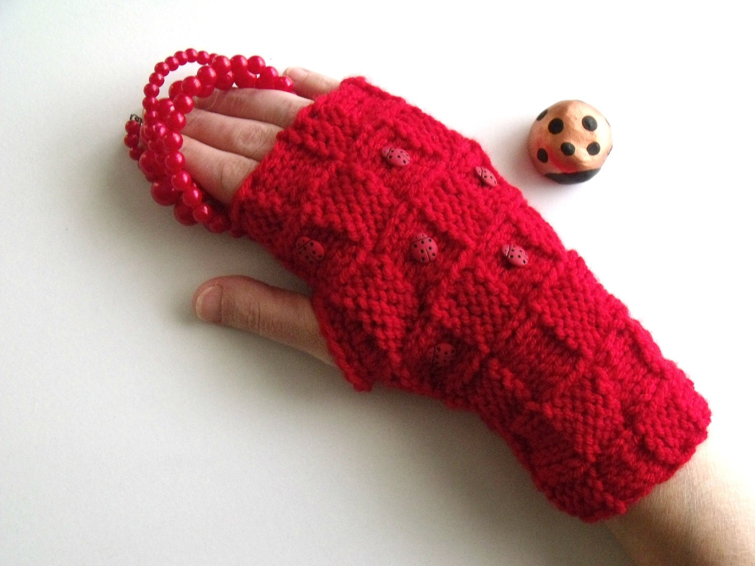 SUMMER SALE...Red LADYBUG Gloves - Wrist Warmers-Ready For Shipping