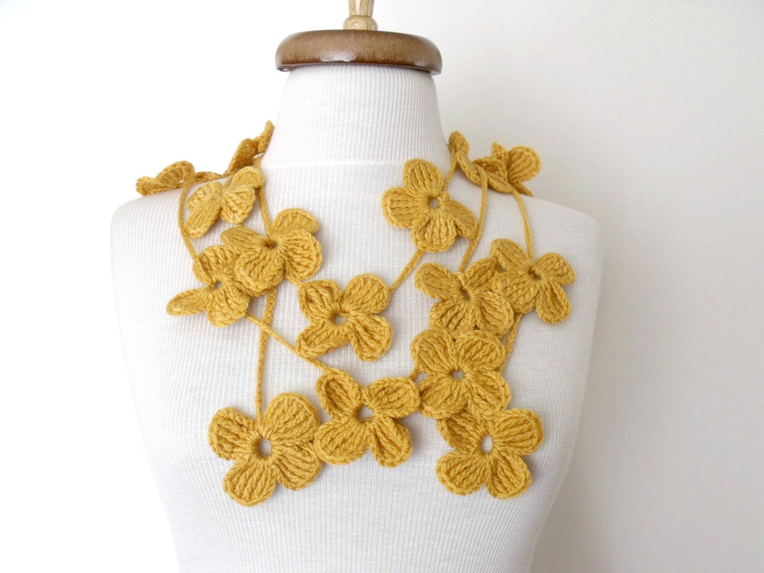 SALE...SALE...Mustard Flower Lariat, Scarf, Necklace Hand Crochet-Ready For Shipping-Black Friday and Cyber Monday- Christmas gift