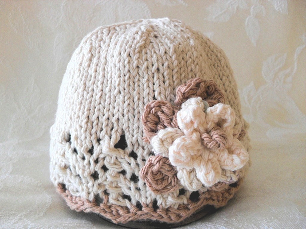 Hand Knitted Baby Hat in Ivory Lace and Beige with a Flower- cotton knitted baby cloche-Knitted children clothing - NEUTRAL NUANCES