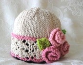 Hand Knitted Baby Hat  in Pink and Ivory Lace with Roses -cotton knitted baby cloche -  knitted children clothing -- YOUR PRIDE and JOY