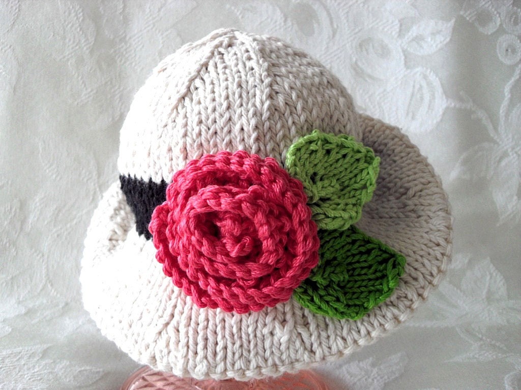 Hand Knitted Baby Hat - Brimmed Baby Hat -Luscious Flower- Cotton Knitted Baby Hat-children clothing children spring- It's  DRESS UP TIME.
