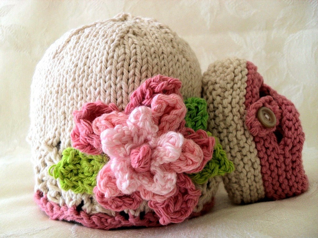 Hand Knitted Baby Hat in Pink and Ivory with a Flower - Cotton Knitted Baby Hat-Children Clothing Children Spring - FEMININITY HATIFIED