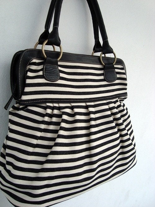 Black white denim handbag