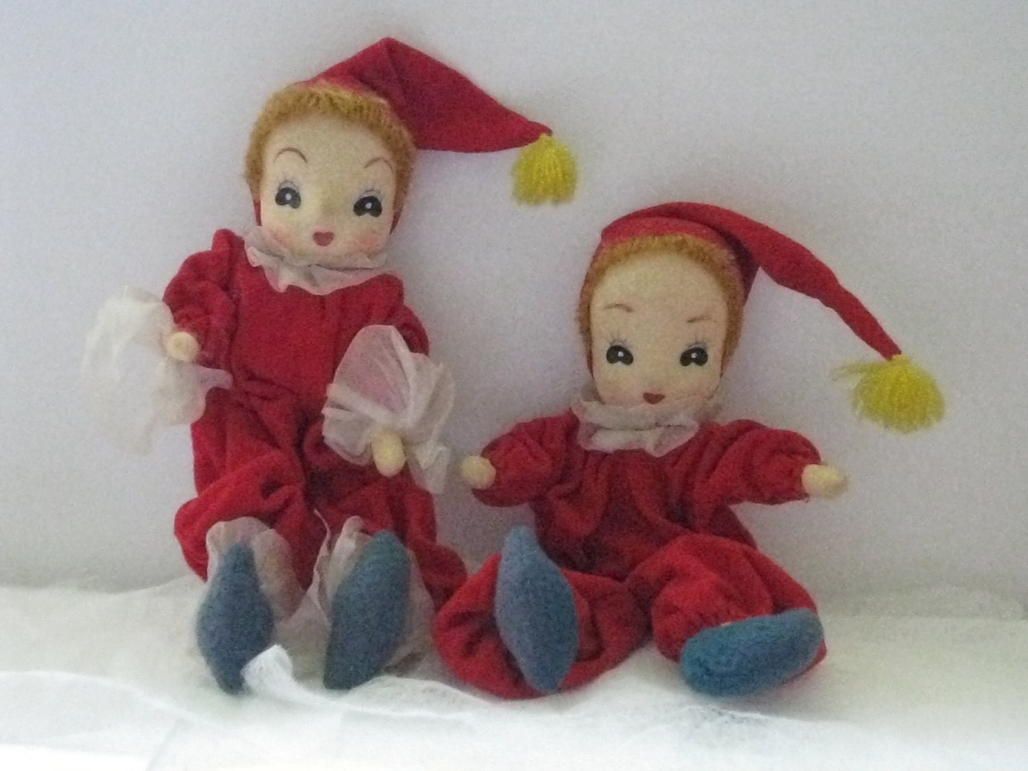 Christmas Cloth Pixies Poseable Old Red Velvet Fabric Dolls Pair of mid century Christmas decor 1950s Holiday Elf