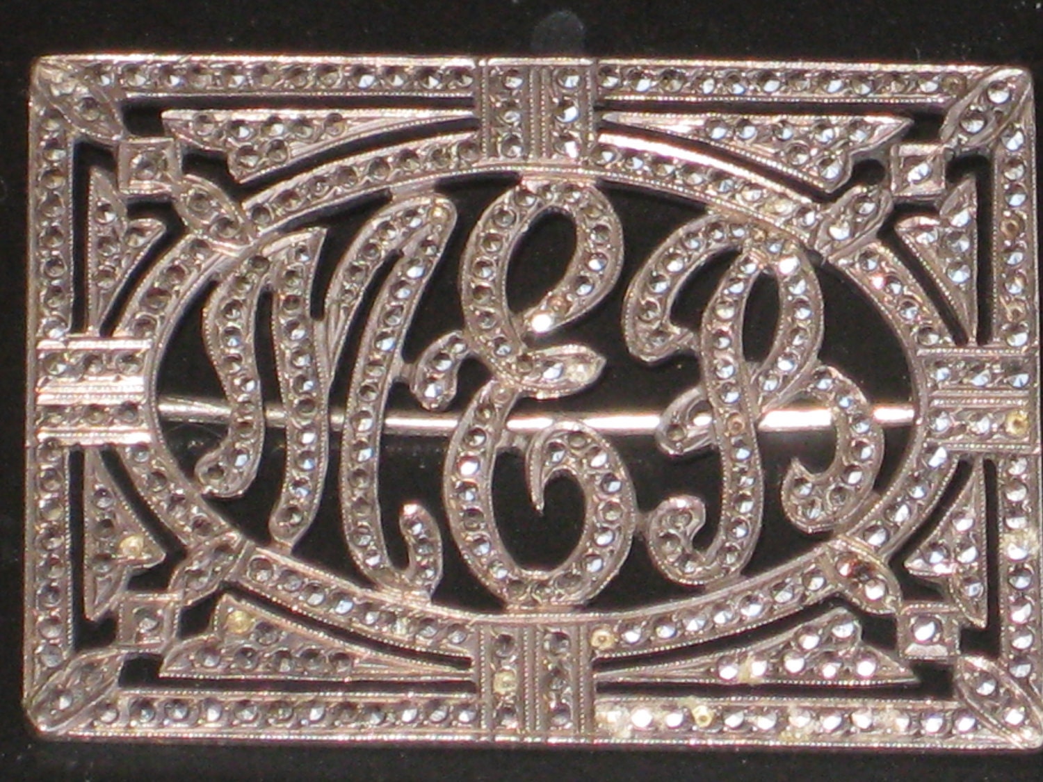 Vintage Sterling Silver Marcasite Pin Initialed Art Deco Brooch MEB Initials