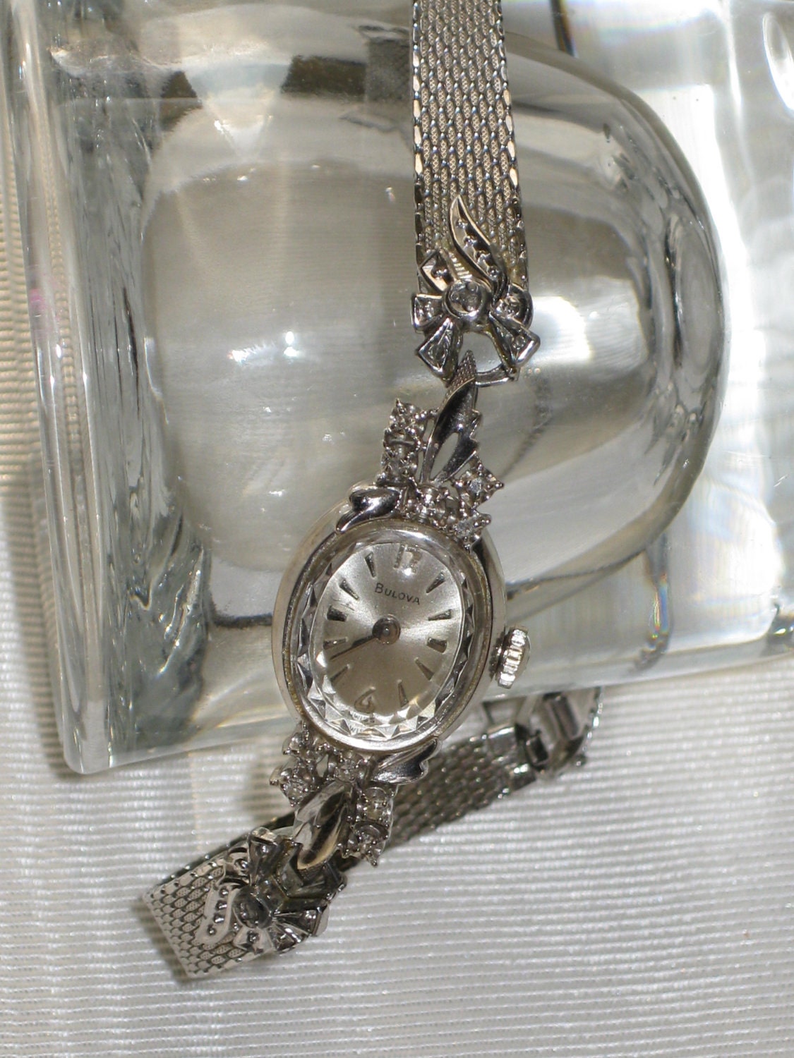 Vintage 1940s Bulova Ladies Watch Swiss 14k White Gold La Petite Fashioned in Diamonds Fancy Womens Mechanical Wrist Watch Marcasite Band