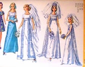 simplicity pattern 8737 - misses wedding dress with detachable train or bridesmaid dress in two lengths  - (1970) - UNCUT