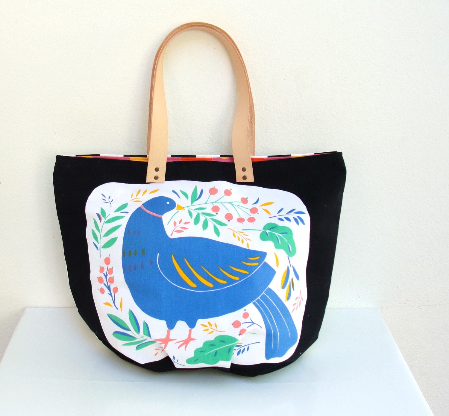 The Tampella Tote - Vintage bird printed Cotton with Leather handles